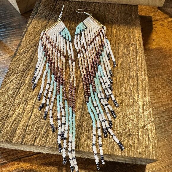 Boho Native American Navajo Seed Bead Dangle Wire Earrings, Turquoise Stone, Gi - Picture 10 of 11